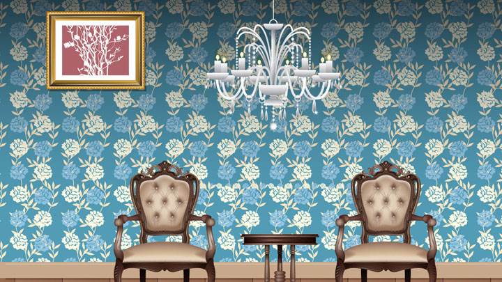 Blue Flowers Background And Two Chairs With Table